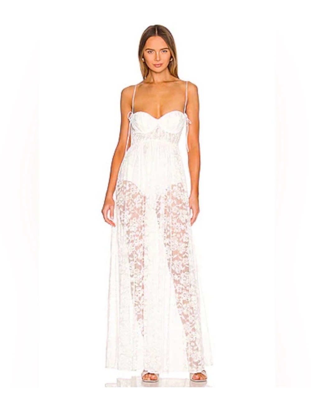 For Love & Lemons White Lace Maxi Slip Dress with Sheer Floral Skirt